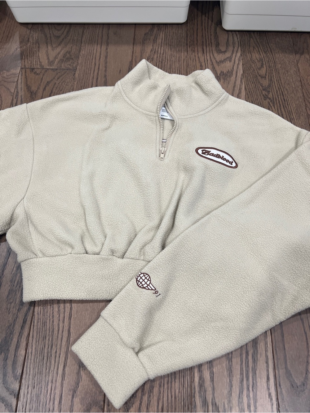 Cropped Cream Fleece Quarter-Zip Sweatshirt with Embroidered Logo